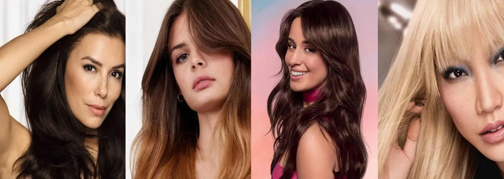 Four women with LOreal with at-home hair colour products, dark, brown, brunette, and blonde styles.