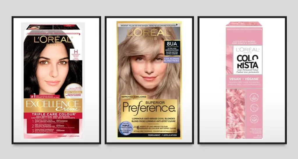L’Oréal hair color products including Excellence Crème, Superior Preference, and Colorista.